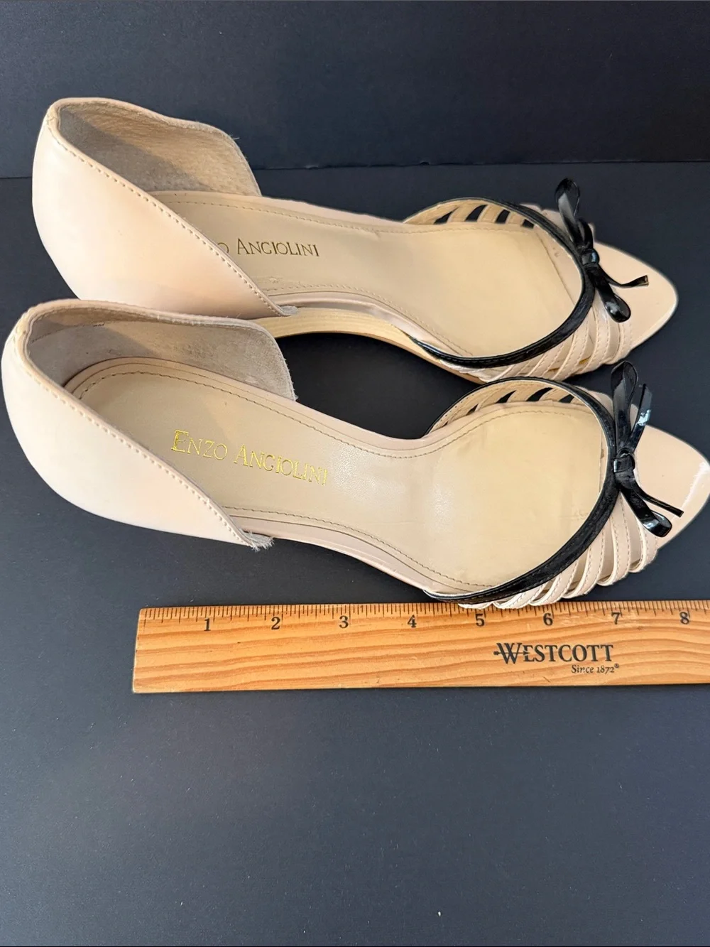 Enzo Angiolini Nude and Black D'Orsay Bow Wedges
